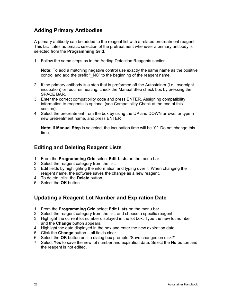 Adding primary antibodies, Editing and deleting reagent lists, Updating a reagent lot number and expiration date | Dako Autostainer User Manual | Page 36 / 53