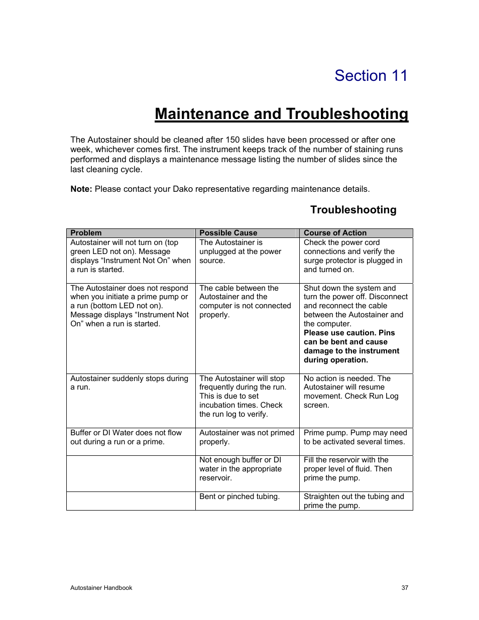 Maintenance and troubleshooting, Troubleshooting | Dako Autostainer User Manual | Page 45 / 53