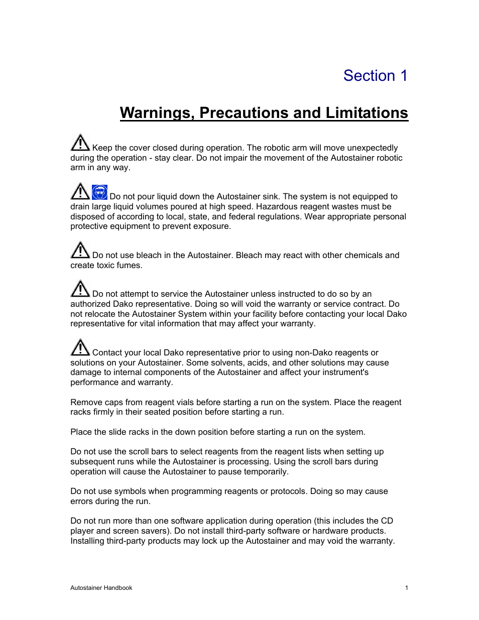 Warnings, precautions and limitations | Dako Autostainer User Manual | Page 9 / 53