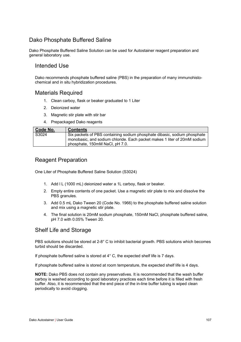 Dako phosphate buffered saline, Intended use, Materials required | Reagent preparation, Shelf life and storage | Dako Autostainer User Manual | Page 107 / 125