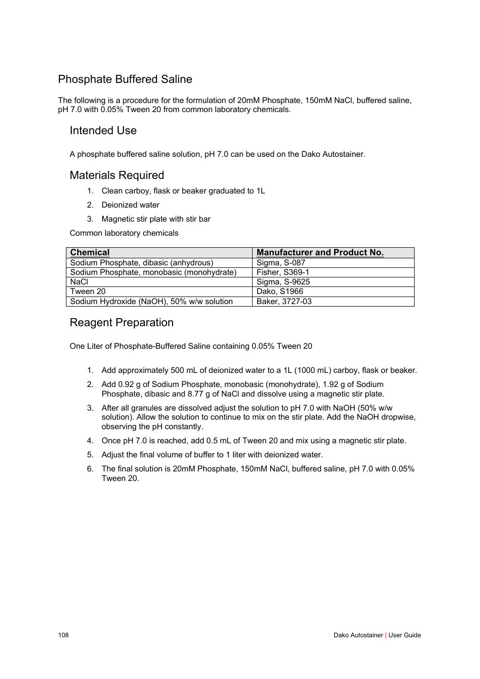 Phosphate buffered saline, Intended use, Materials required | Reagent preparation | Dako Autostainer User Manual | Page 108 / 125