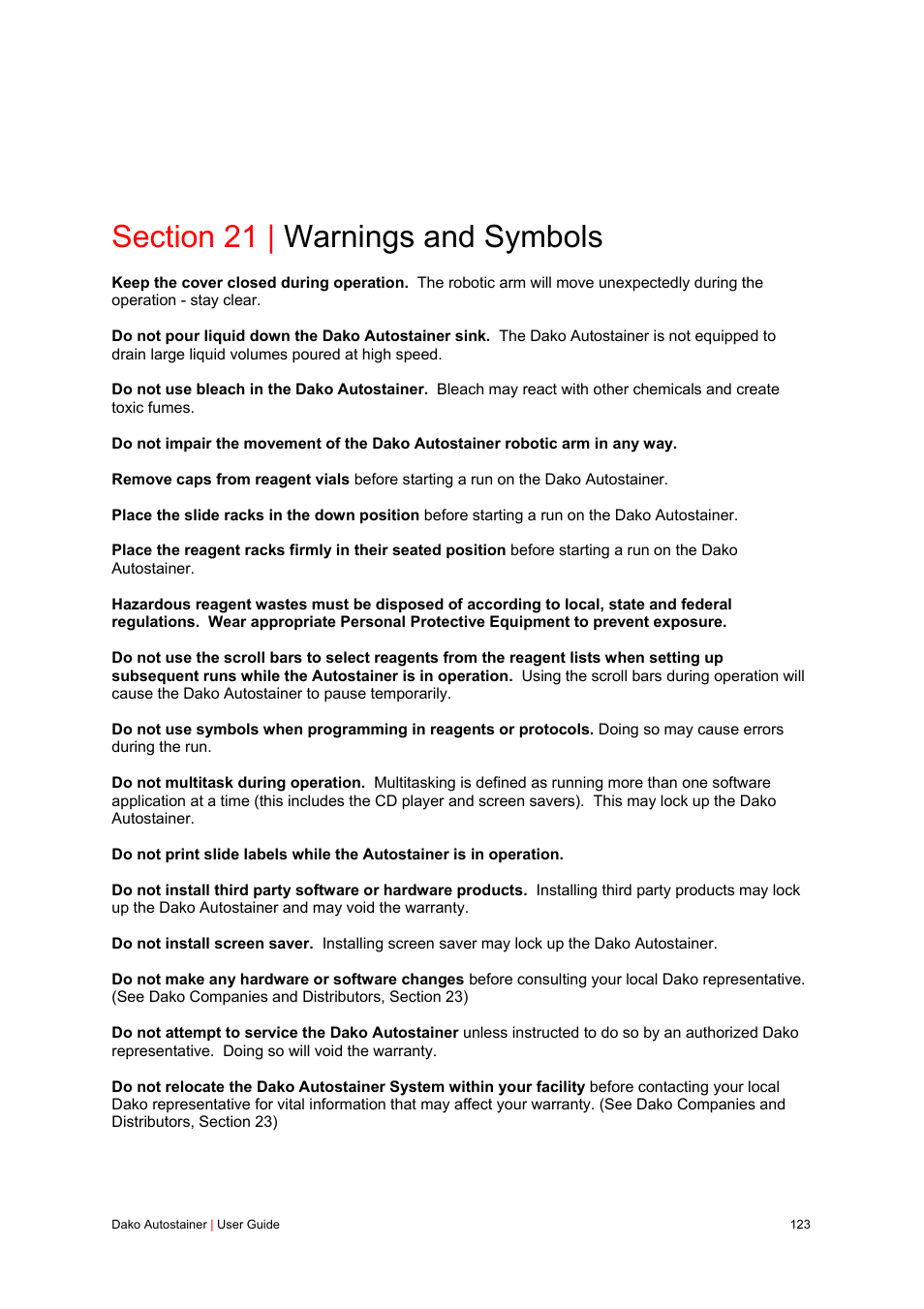 Section 21 | warnings and symbols | Dako Autostainer User Manual | Page 123 / 125