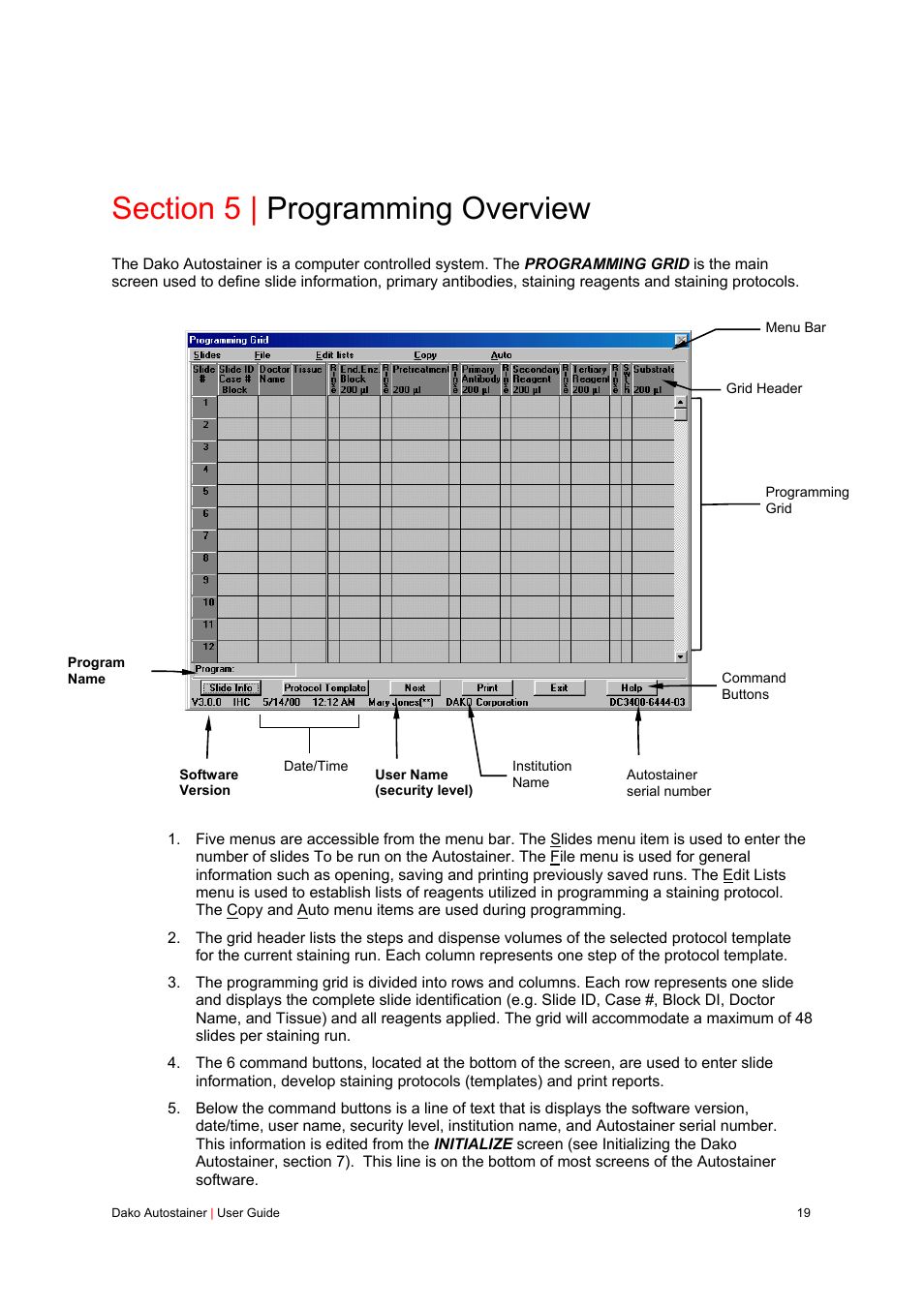 Section 5 | programming overview | Dako Autostainer User Manual | Page 19 / 125