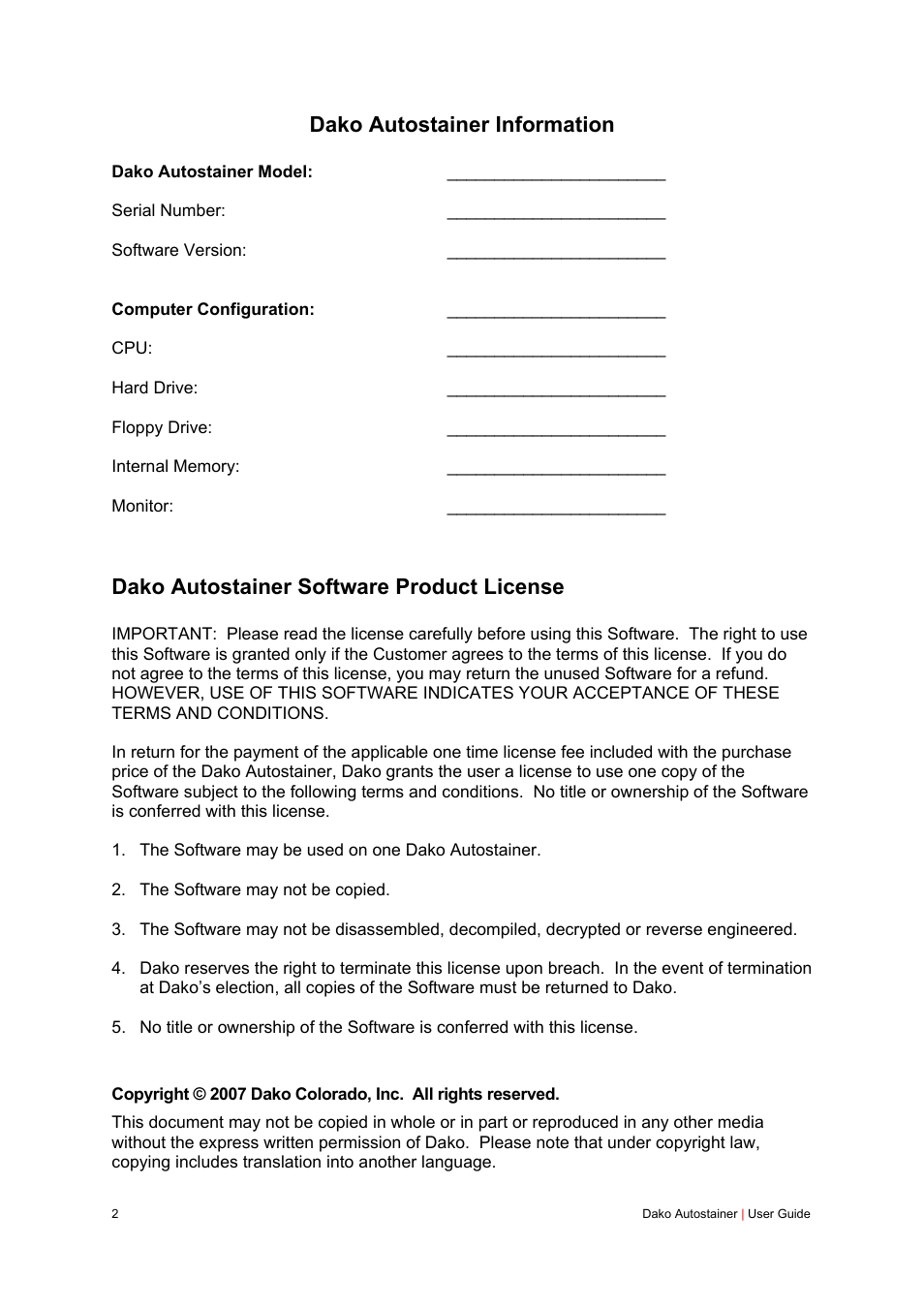 Dako autostainer information, Dako autostainer software product license | Dako Autostainer User Manual | Page 2 / 125