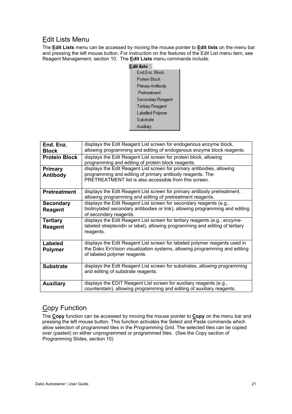 Edit lists menu, Copy function | Dako Autostainer User Manual | Page 21 / 125