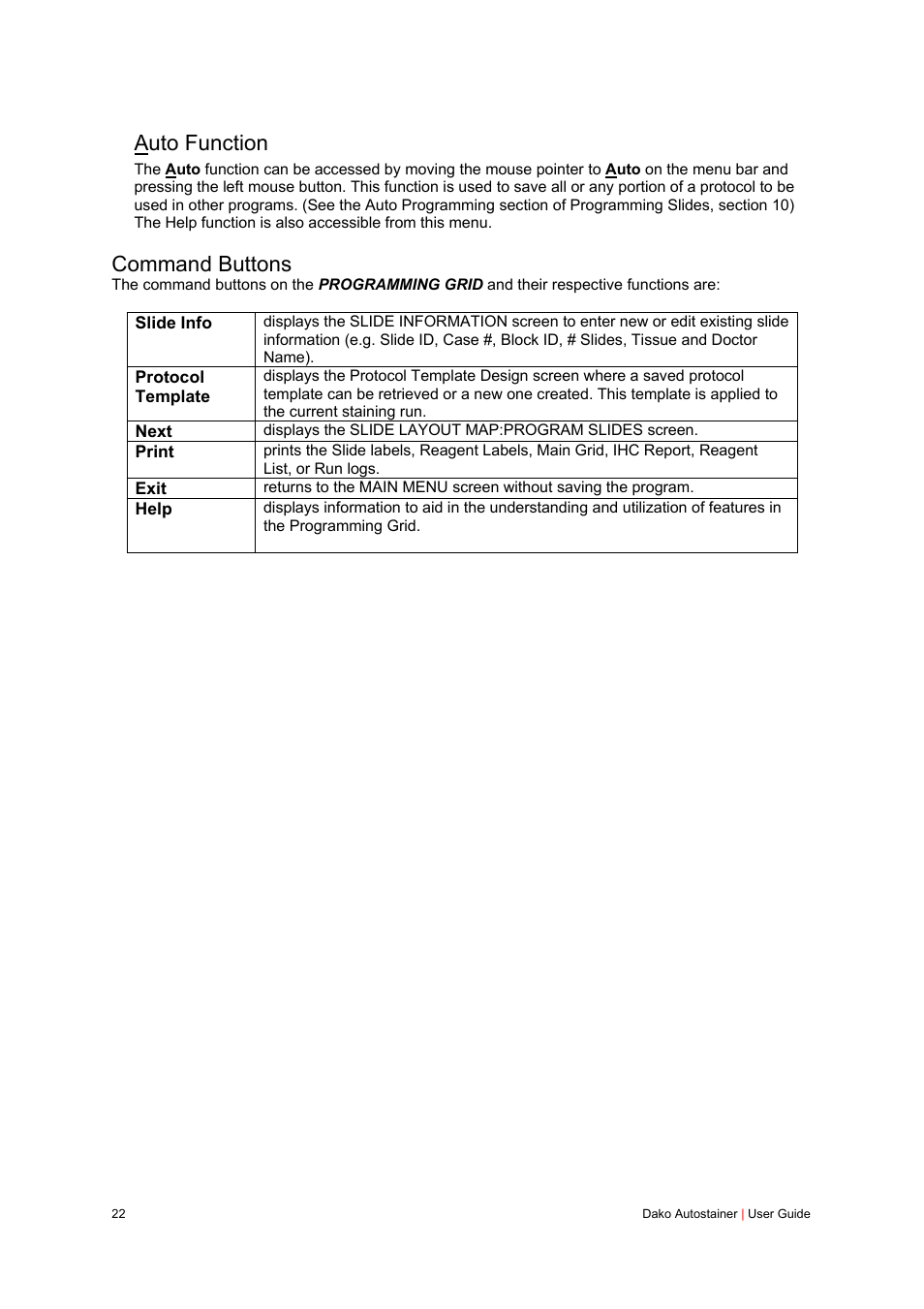 Auto function, Command buttons | Dako Autostainer User Manual | Page 22 / 125