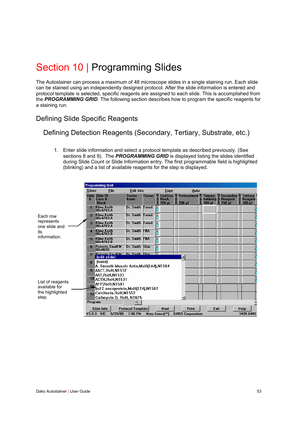 Section 10 | programming slides, Defining slide specific reagents | Dako Autostainer User Manual | Page 53 / 125