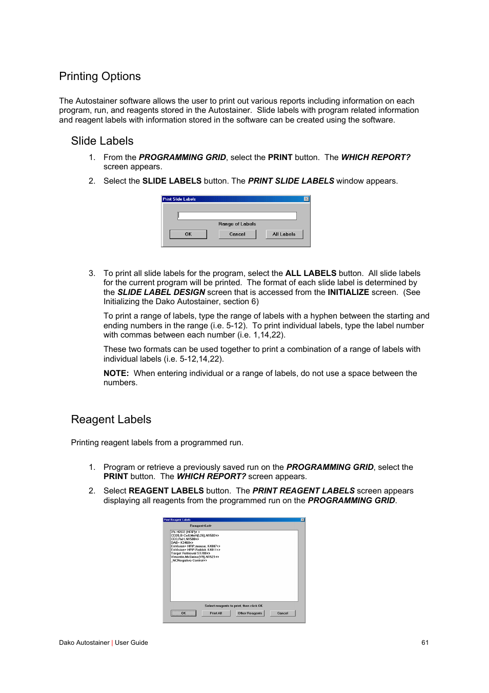 Printing options, Slide labels, Reagent labels | Dako Autostainer User Manual | Page 61 / 125