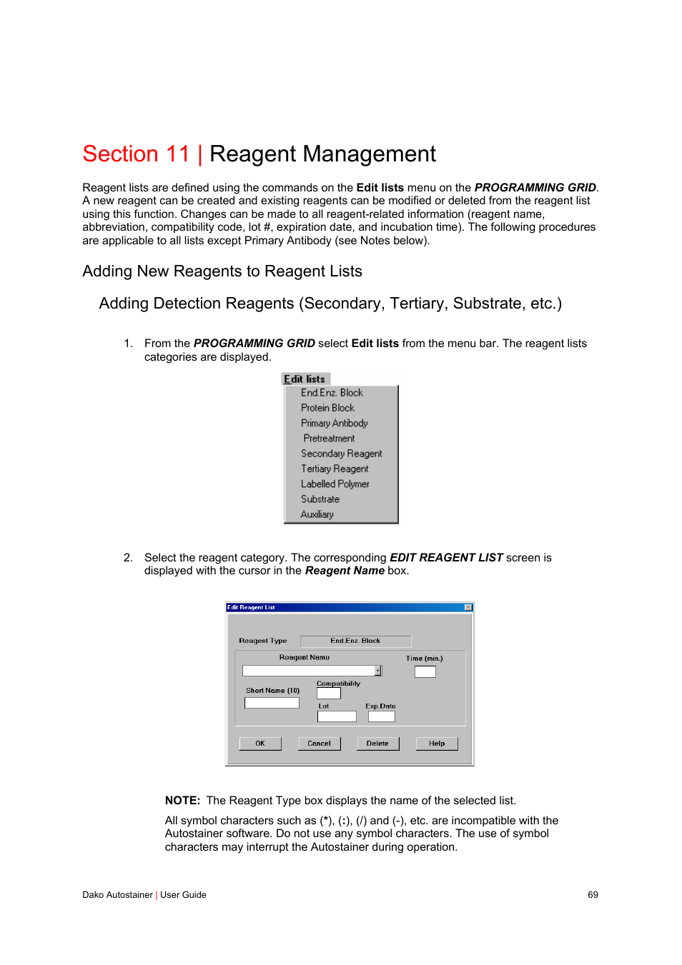 Section 11 | reagent management, Adding new reagents to reagent lists | Dako Autostainer User Manual | Page 69 / 125