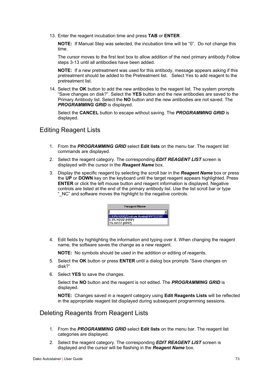 Editing reagent lists, Deleting reagents from reagent lists | Dako Autostainer User Manual | Page 73 / 125