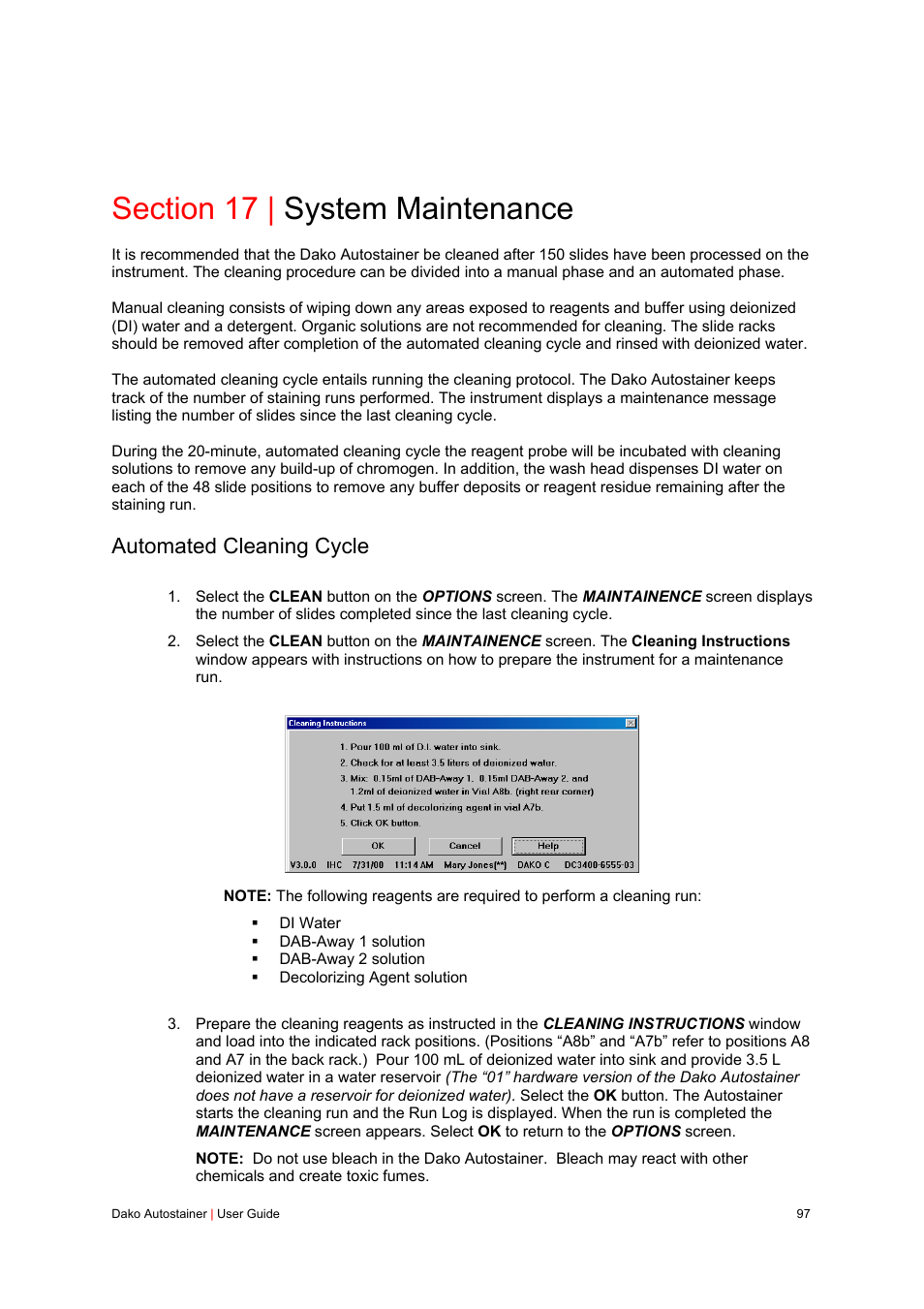 Section 17 | system maintenance, Automated cleaning cycle | Dako Autostainer User Manual | Page 97 / 125