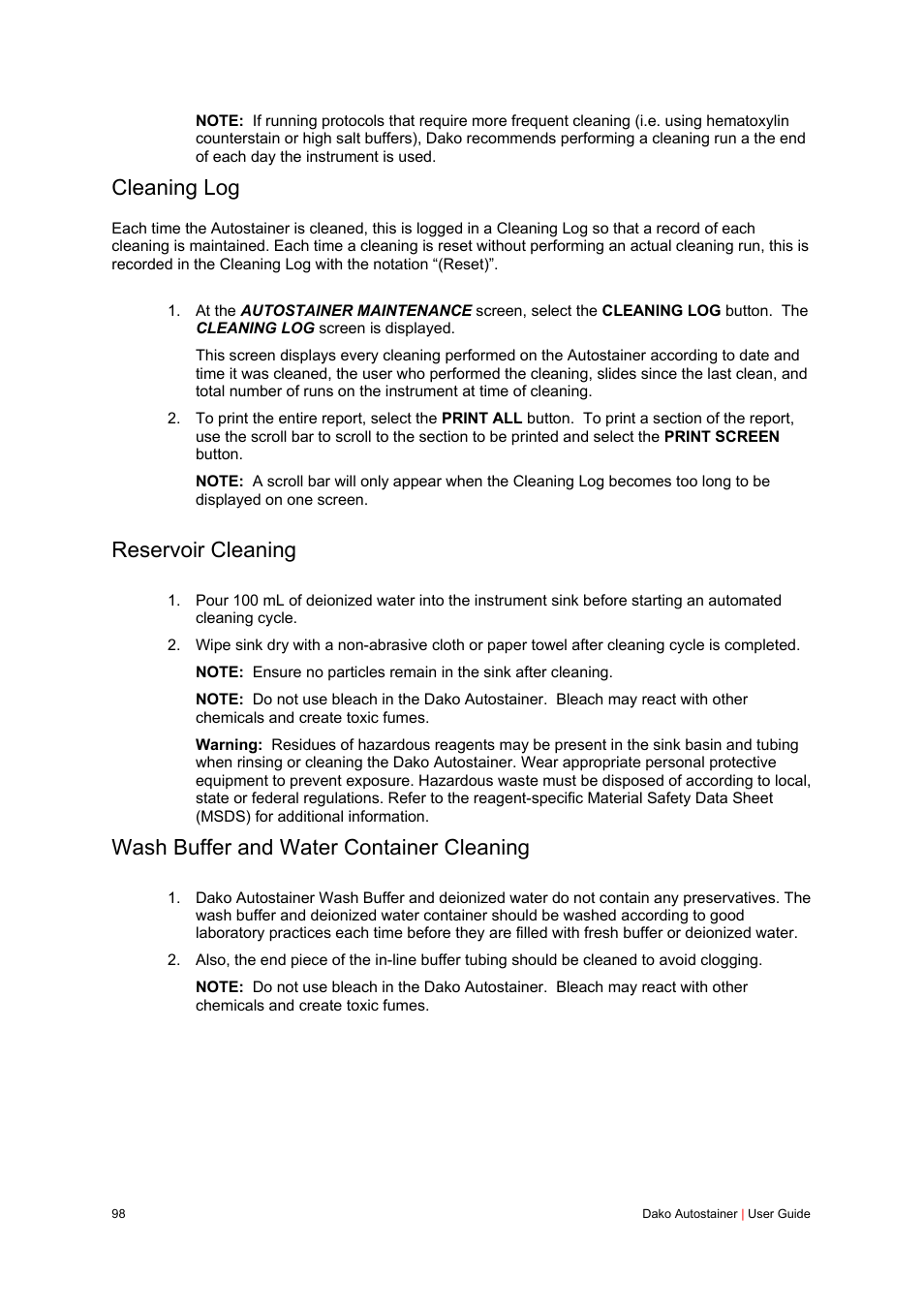 Cleaning log, Reservoir cleaning, Wash buffer and water container cleaning | Dako Autostainer User Manual | Page 98 / 125
