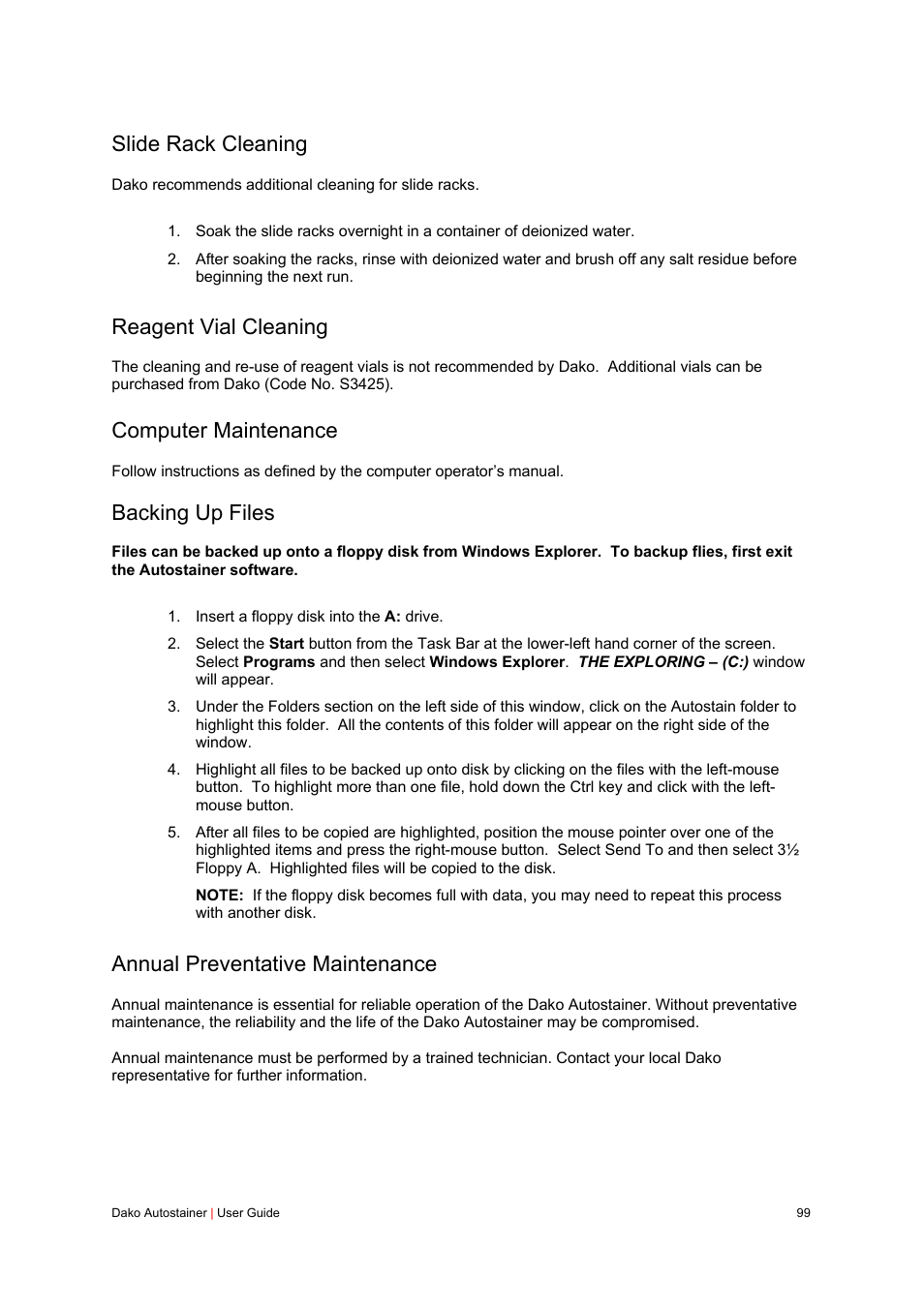 Slide rack cleaning, Reagent vial cleaning, Computer maintenance | Backing up files, Annual preventative maintenance | Dako Autostainer User Manual | Page 99 / 125