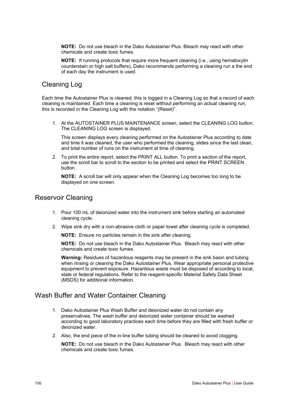 Cleaning log, Reservoir cleaning, Wash buffer and water container cleaning | Dako Autostainer Plus User Manual | Page 100 / 121