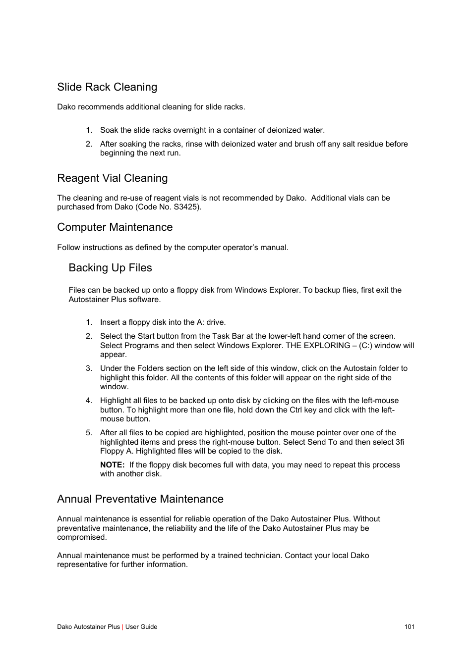 Slide rack cleaning, Reagent vial cleaning, Computer maintenance | Backing up files, Annual preventative maintenance | Dako Autostainer Plus User Manual | Page 101 / 121