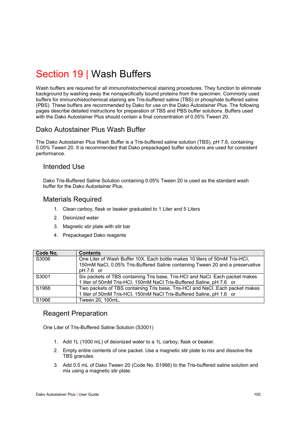 Section 19 | wash buffers, Dako autostainer plus wash buffer, Intended use | Materials required, Reagent preparation | Dako Autostainer Plus User Manual | Page 105 / 121