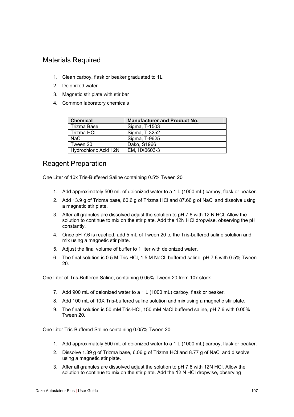 Materials required, Reagent preparation | Dako Autostainer Plus User Manual | Page 107 / 121