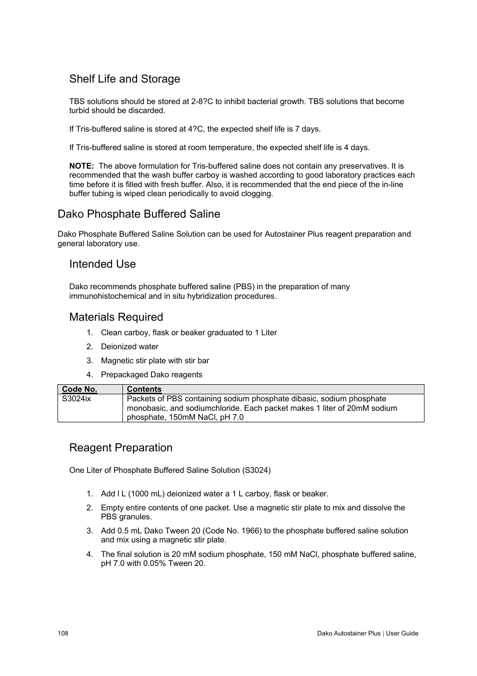 Shelf life and storage, Dako phosphate buffered saline, Intended use | Materials required, Reagent preparation | Dako Autostainer Plus User Manual | Page 108 / 121