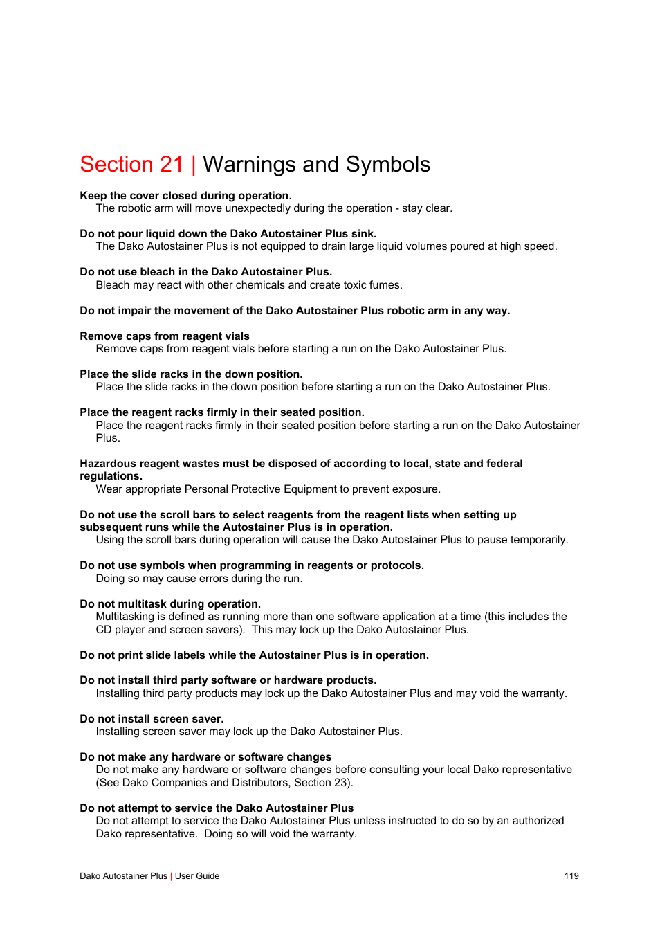 Section 21 | warnings and symbols | Dako Autostainer Plus User Manual | Page 119 / 121