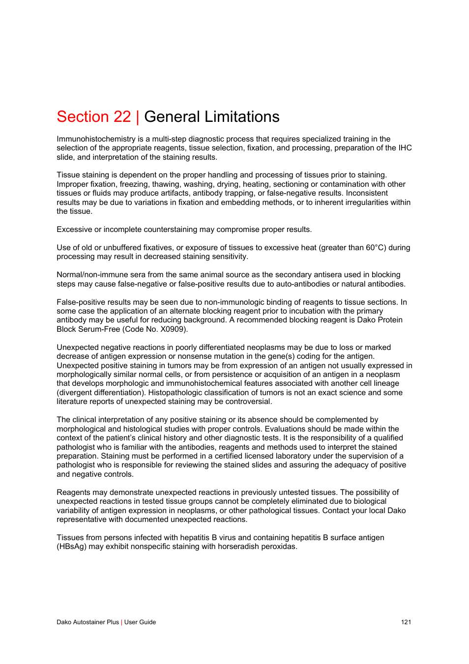 Section 22 | general limitations | Dako Autostainer Plus User Manual | Page 121 / 121