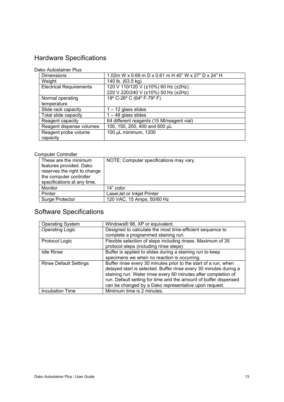 Hardware specifications, Software specifications | Dako Autostainer Plus User Manual | Page 13 / 121