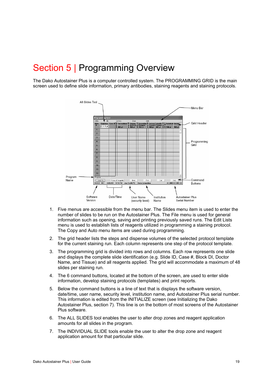 Section 5 | programming overview | Dako Autostainer Plus User Manual | Page 19 / 121