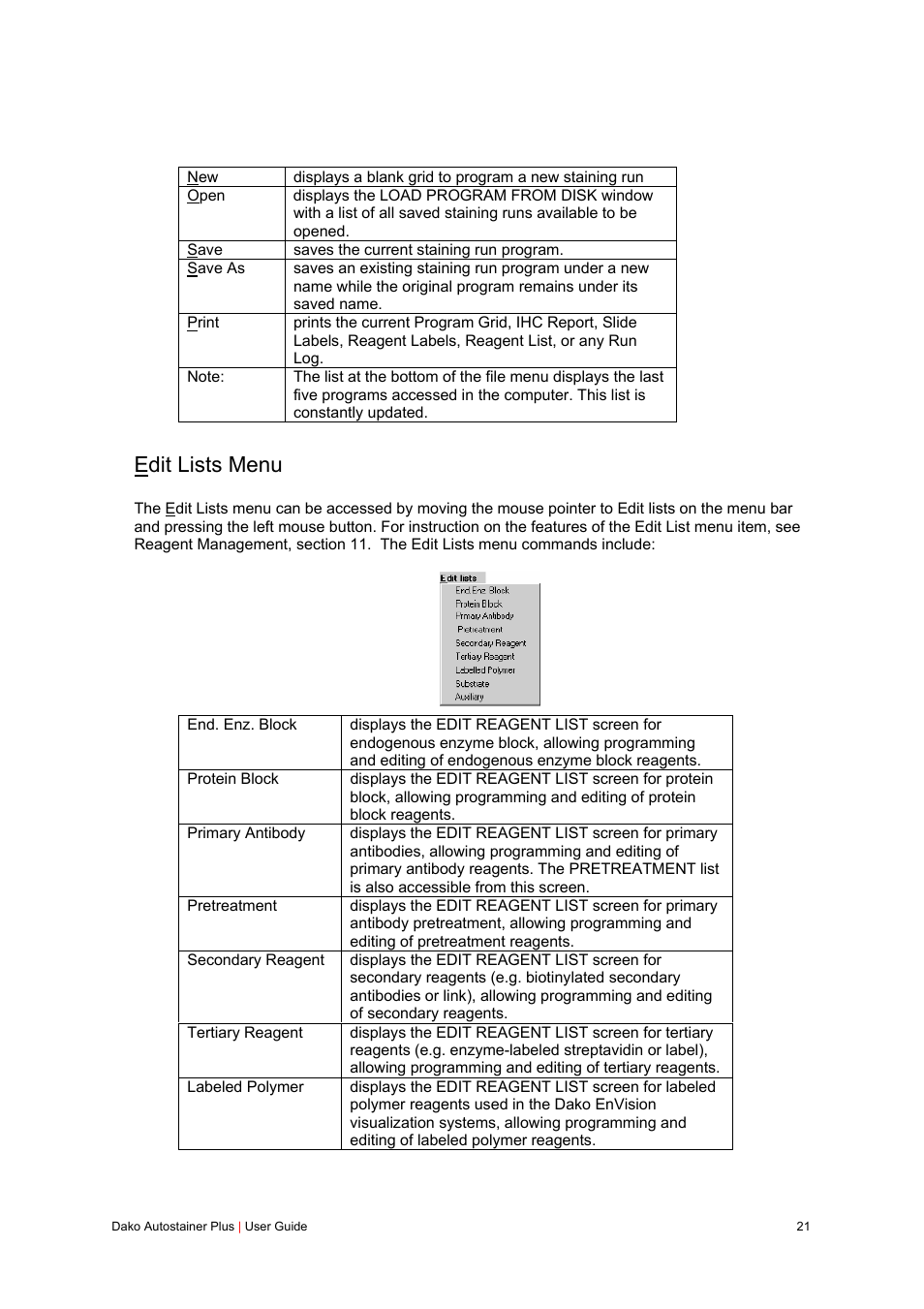 Edit lists menu | Dako Autostainer Plus User Manual | Page 21 / 121