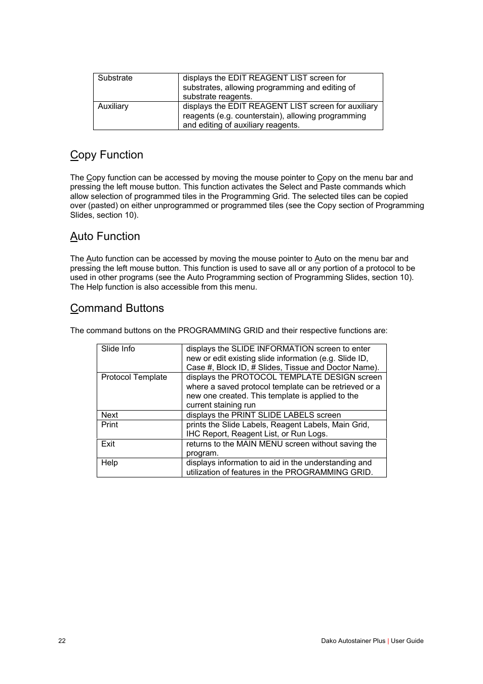 Copy function, Auto function, Command buttons | Dako Autostainer Plus User Manual | Page 22 / 121