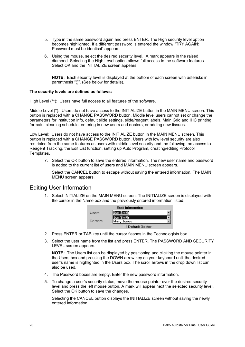 Editing user information | Dako Autostainer Plus User Manual | Page 28 / 121