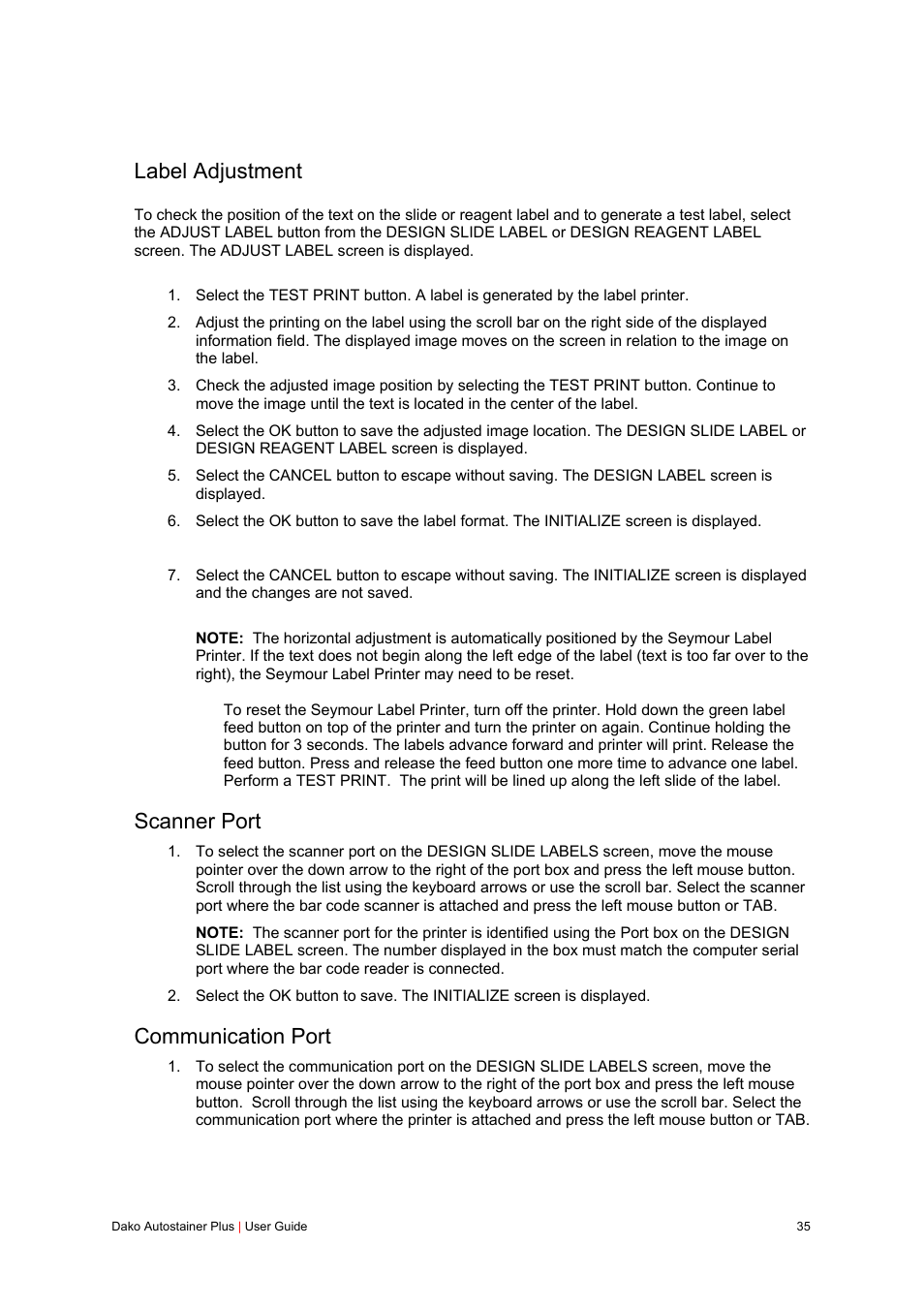 Label adjustment, Scanner port, Communication port | Dako Autostainer Plus User Manual | Page 35 / 121