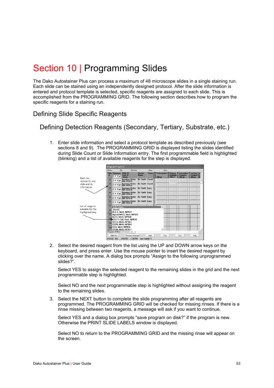 Section 10 | programming slides, Defining slide specific reagents | Dako Autostainer Plus User Manual | Page 53 / 121