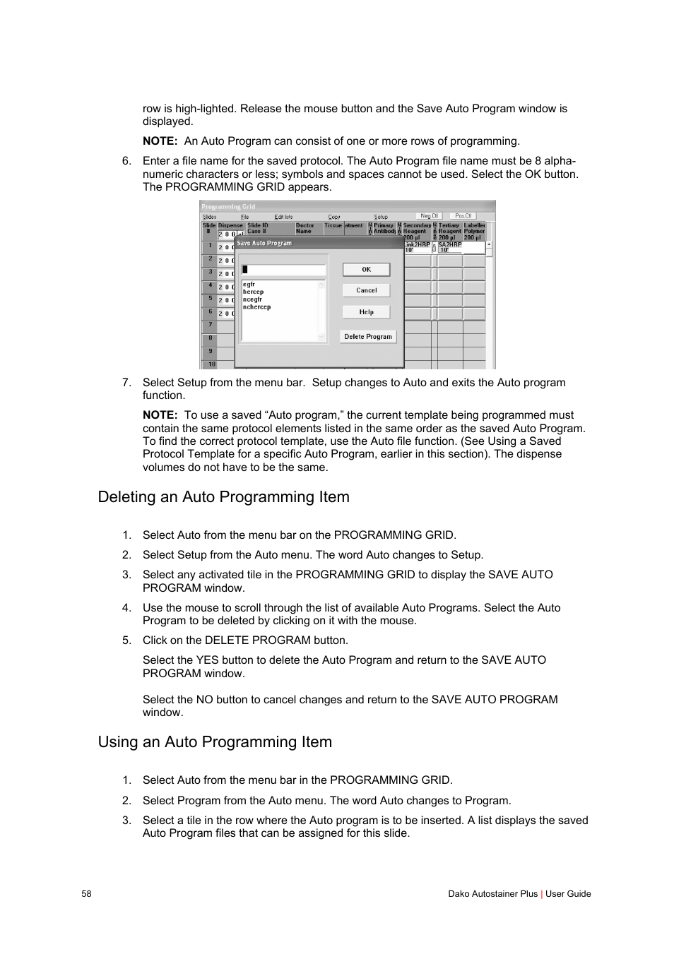 Deleting an auto programming item, Using an auto programming item | Dako Autostainer Plus User Manual | Page 58 / 121