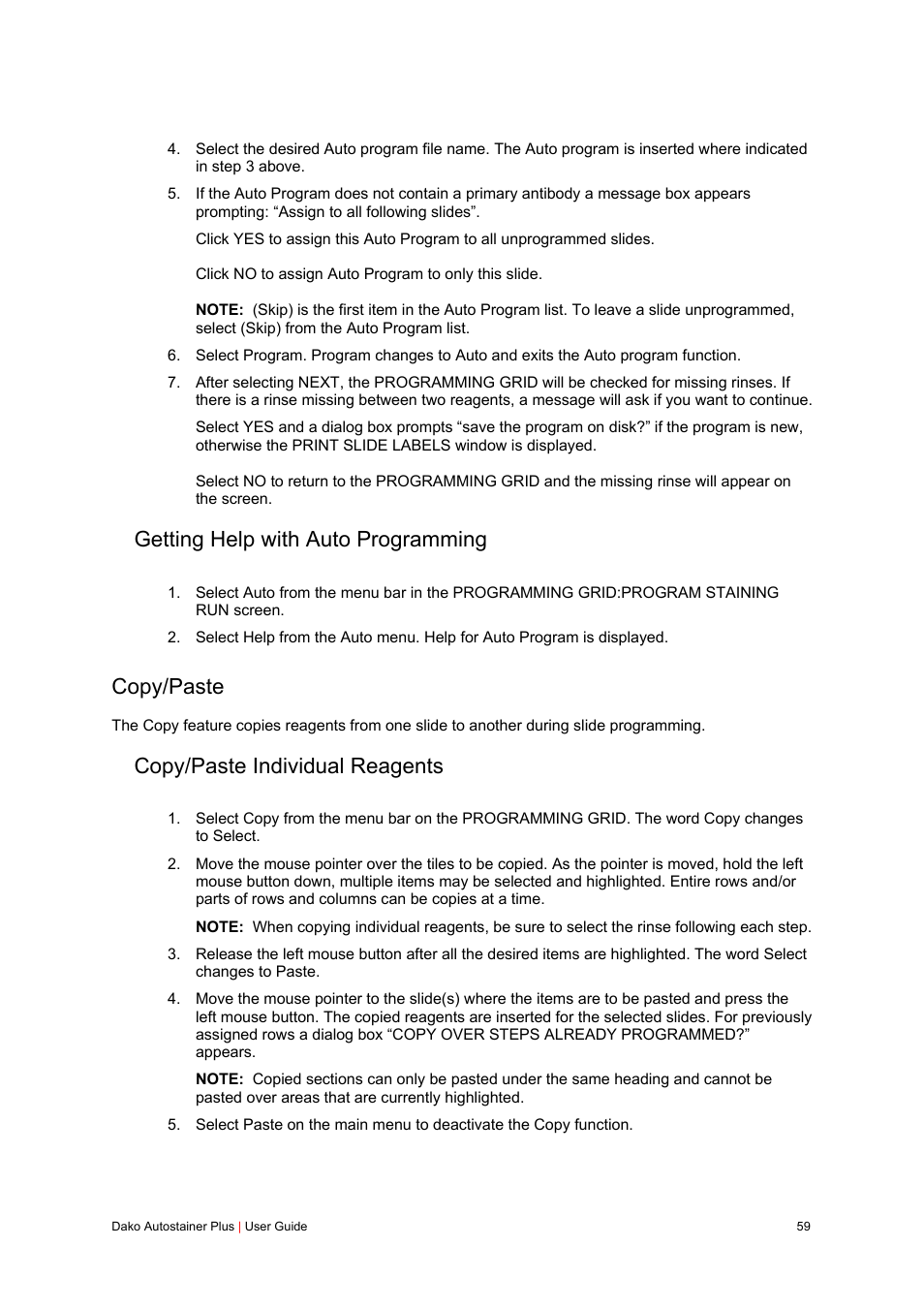 Getting help with auto programming, Copy/paste, Copy/paste individual reagents | Dako Autostainer Plus User Manual | Page 59 / 121