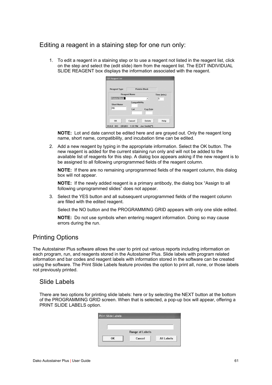 Printing options, Slide labels | Dako Autostainer Plus User Manual | Page 61 / 121