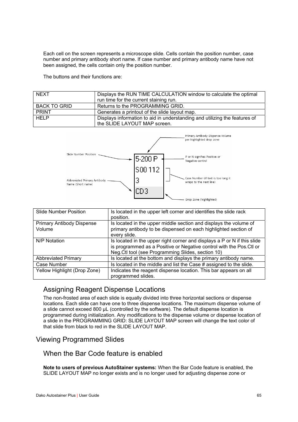 Assigning reagent dispense locations, Viewing programmed slides, When the bar code feature is enabled | Dako Autostainer Plus User Manual | Page 65 / 121