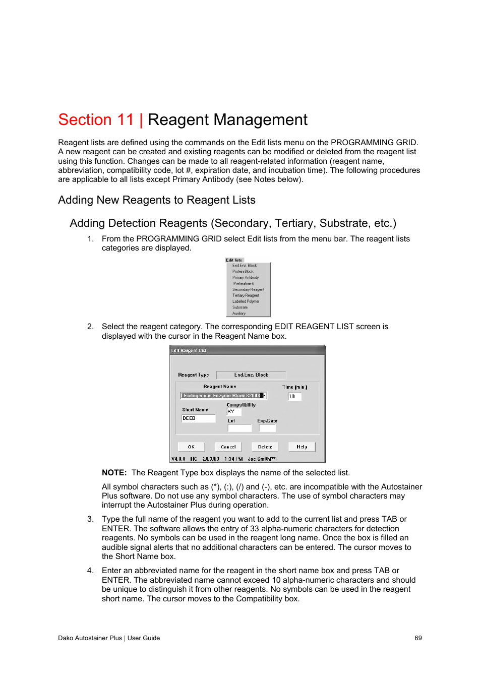 Section 11 | reagent management, Adding new reagents to reagent lists | Dako Autostainer Plus User Manual | Page 69 / 121