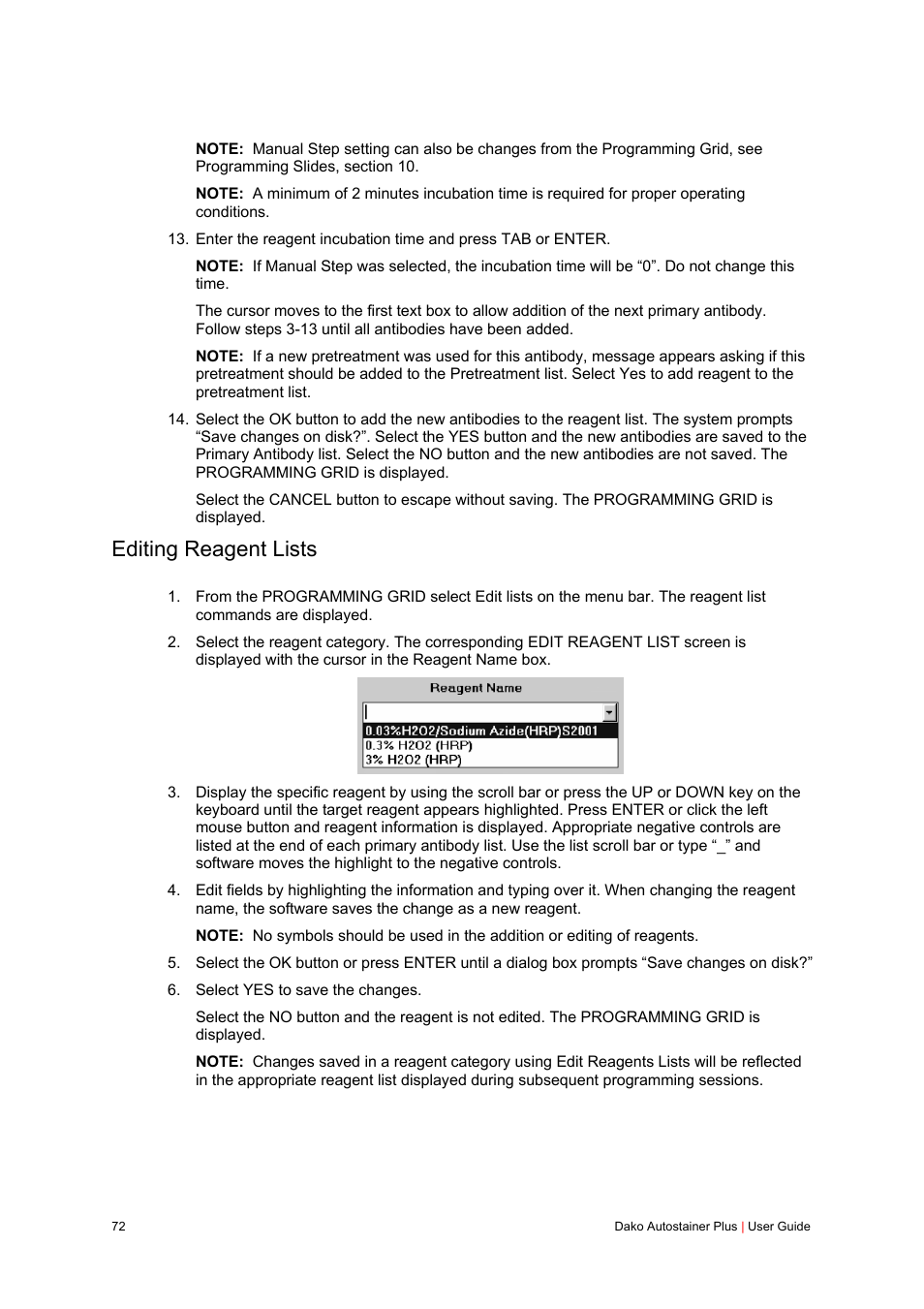 Editing reagent lists | Dako Autostainer Plus User Manual | Page 72 / 121