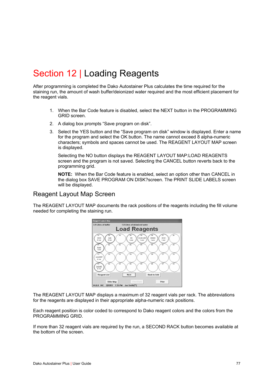 Section 12 | loading reagents, Reagent layout map screen | Dako Autostainer Plus User Manual | Page 77 / 121