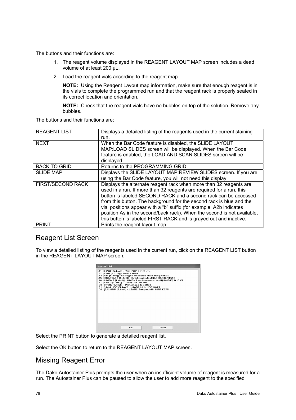 Reagent list screen, Missing reagent error | Dako Autostainer Plus User Manual | Page 78 / 121