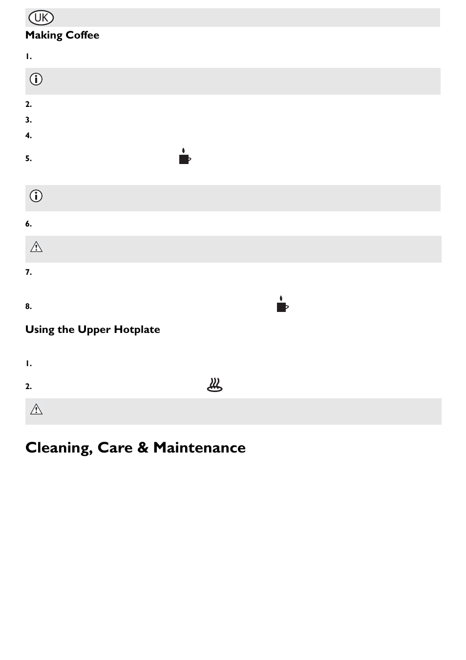 Cleaning, care & maintenance, Uk making coffee, Using the upper hotplate | Buffalo G108 User Manual | Page 10 / 64