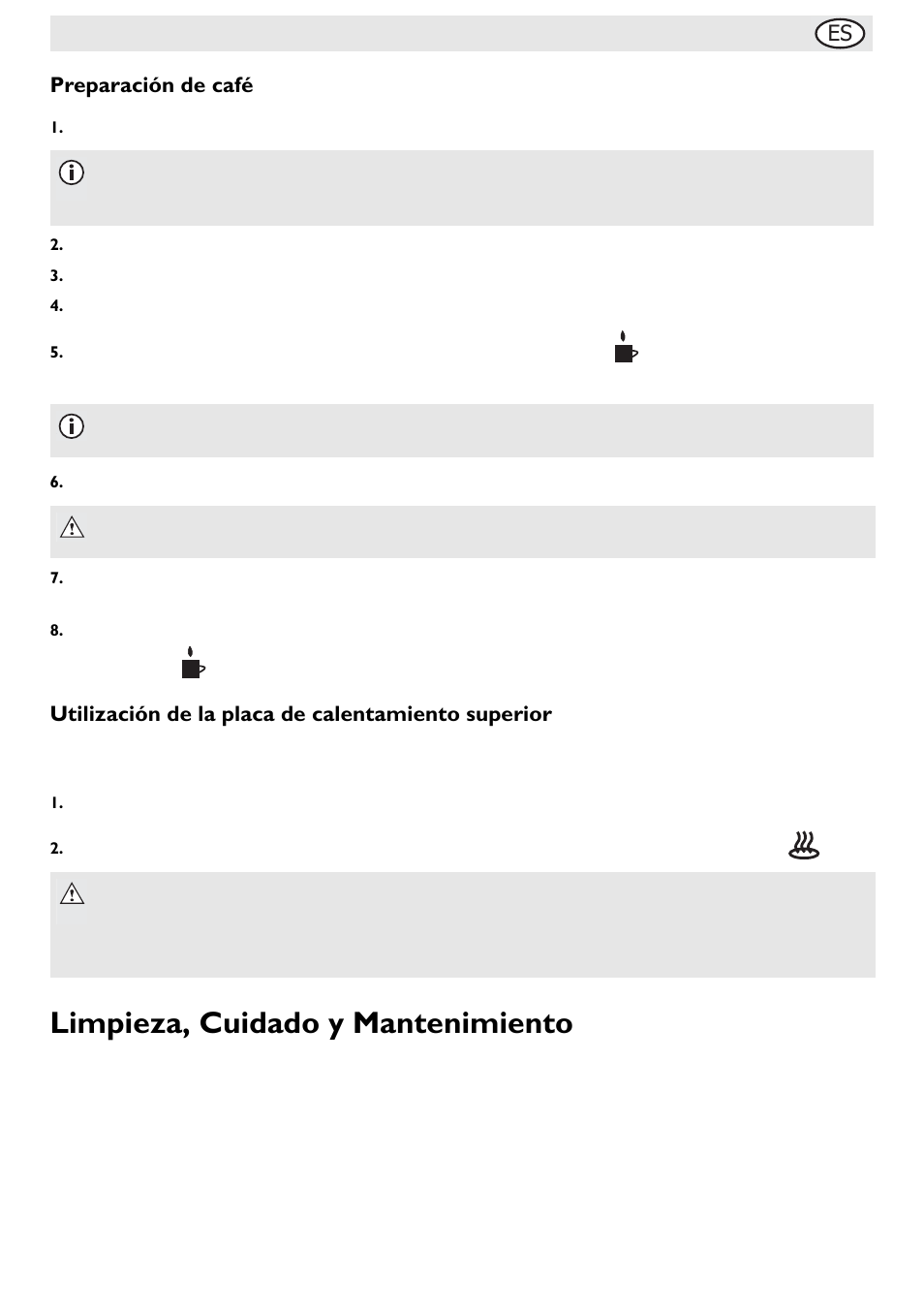 Limpieza, cuidado y mantenimiento, Es preparación de café, Utilización de la placa de calentamiento superior | Buffalo G108 User Manual | Page 35 / 64