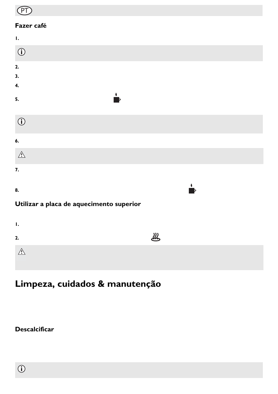 Limpeza, cuidados & manutenção, Pt fazer café, Utilizar a placa de aquecimento superior | Descalcificar | Buffalo G108 User Manual | Page 40 / 64