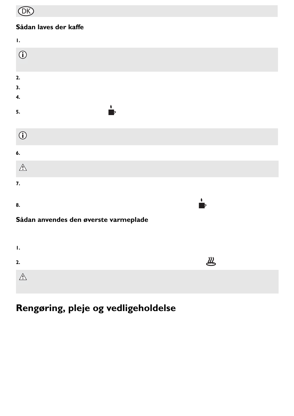 Rengøring, pleje og vedligeholdelse, Dk sådan laves der kaffe, Sådan anvendes den øverste varmeplade | Buffalo G108 User Manual | Page 50 / 64