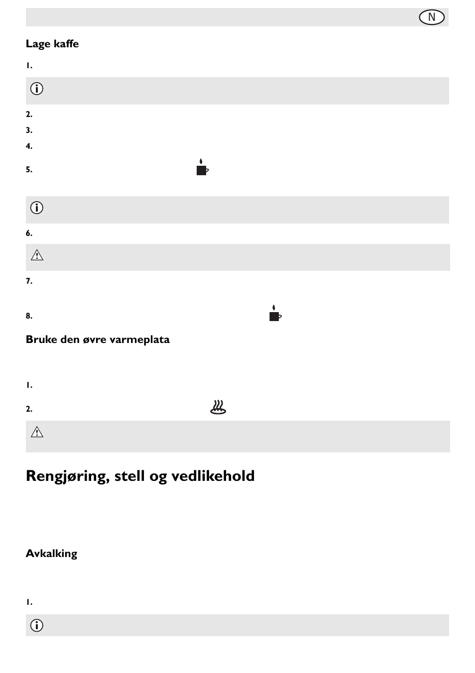 Rengjøring, stell og vedlikehold, Nlage kaffe, Bruke den øvre varmeplata | Avkalking | Buffalo G108 User Manual | Page 55 / 64