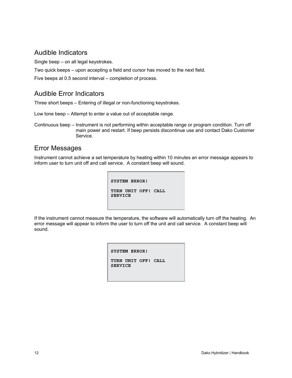 Audible indicators, Audible error indicators, Error messages | Dako Hybridizer User Manual | Page 12 / 32