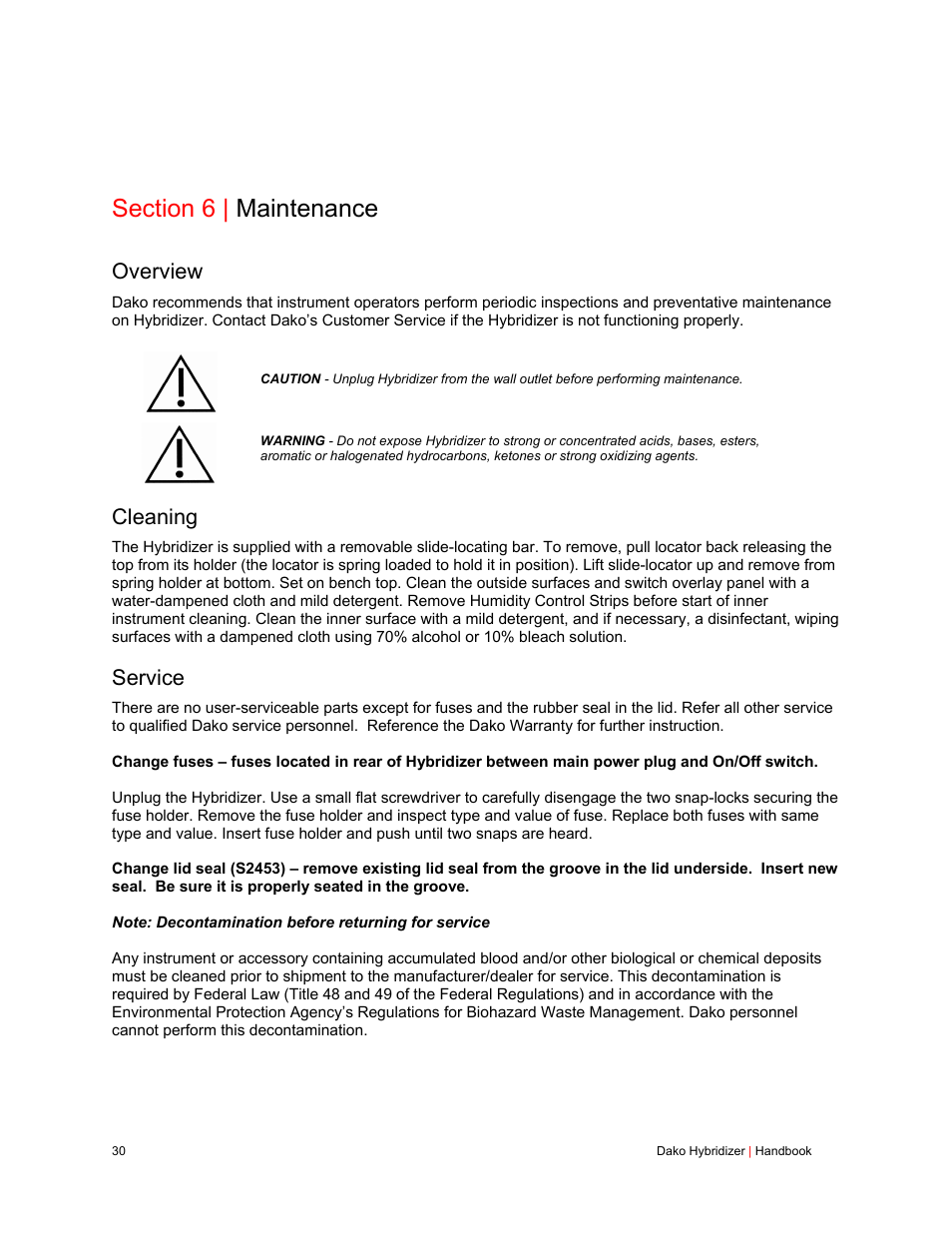 Overview, Cleaning, Service | Dako Hybridizer User Manual | Page 30 / 32