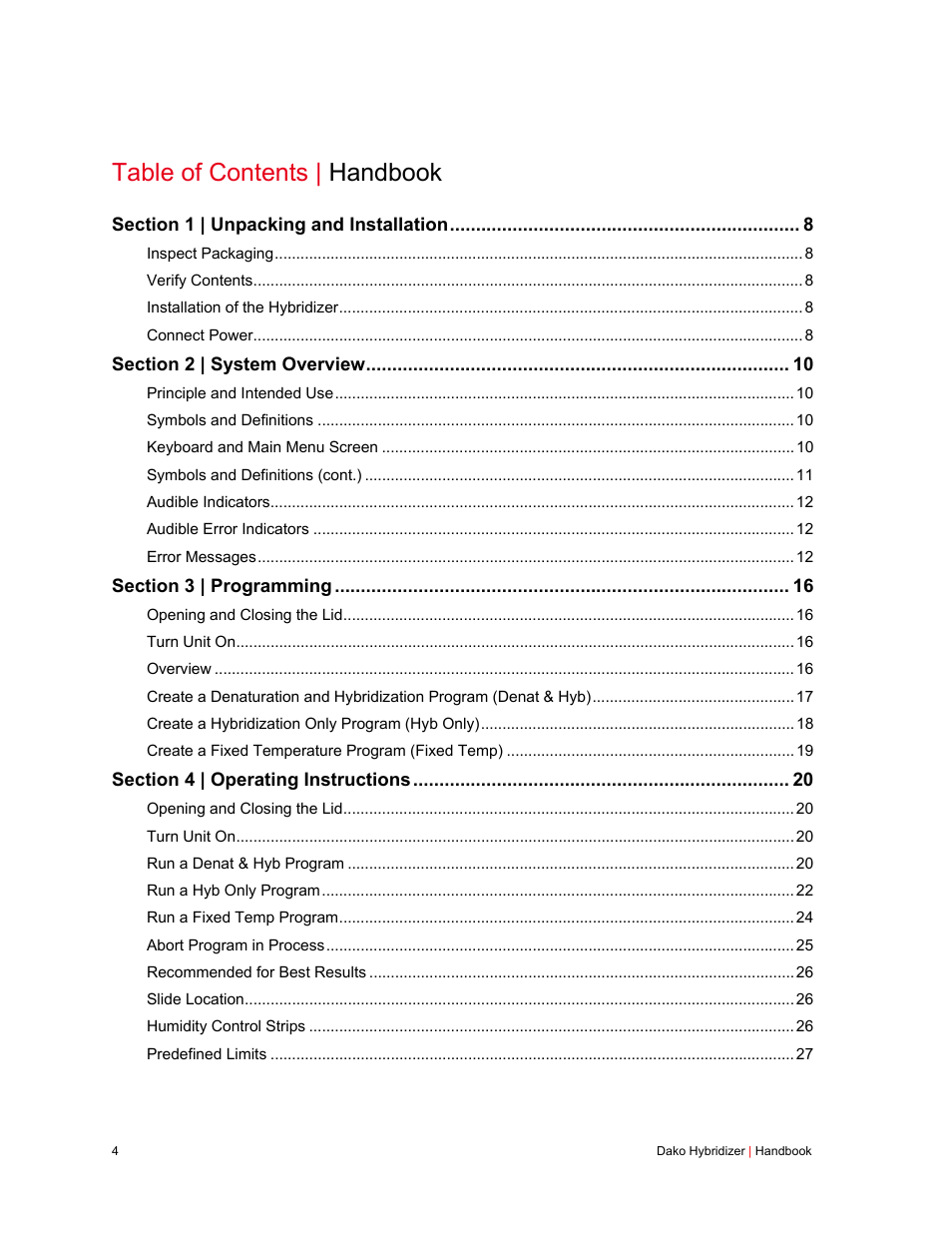 Table of contents | handbook | Dako Hybridizer User Manual | Page 4 / 32