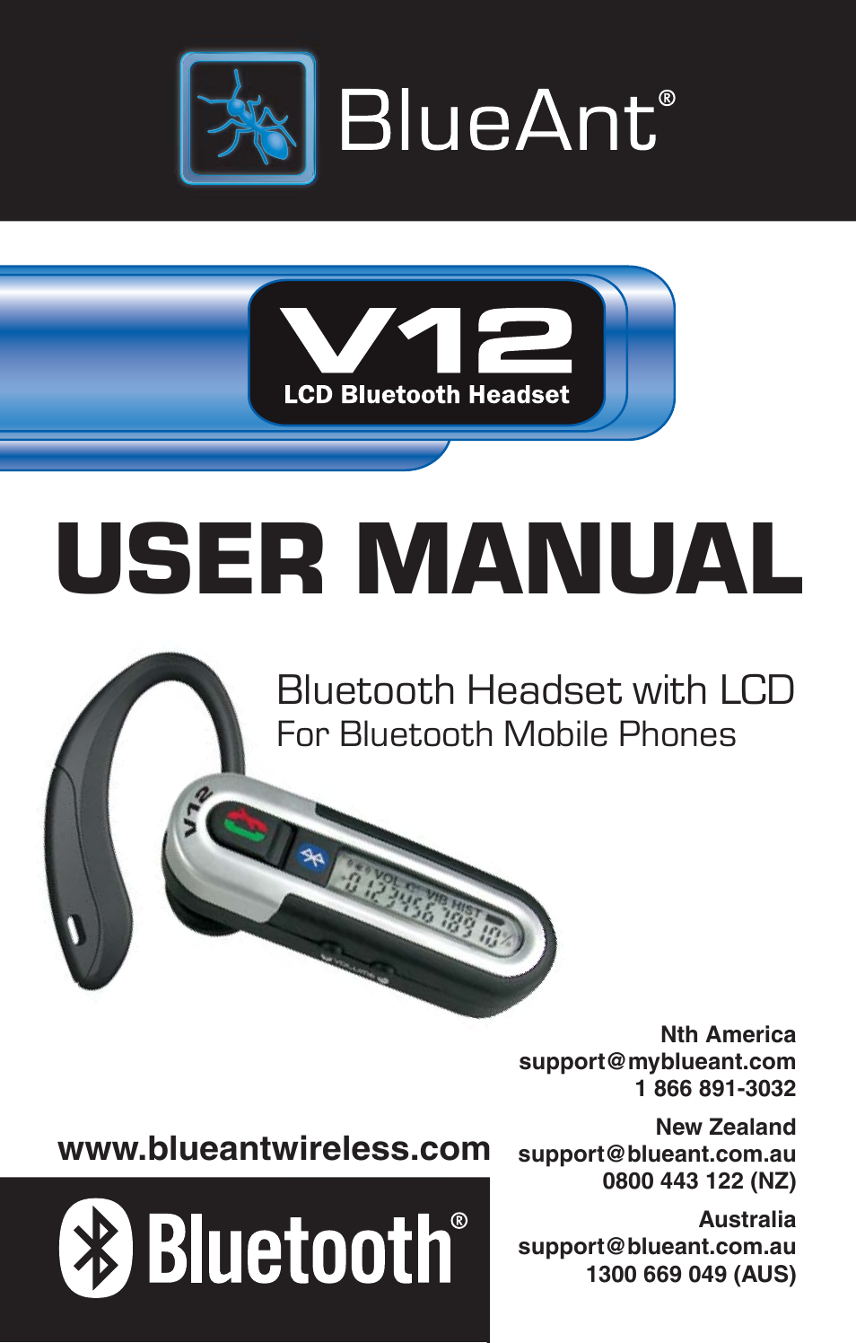 BlueAnt V12 LCD Bluetooth Headset User Manual | 16 pages