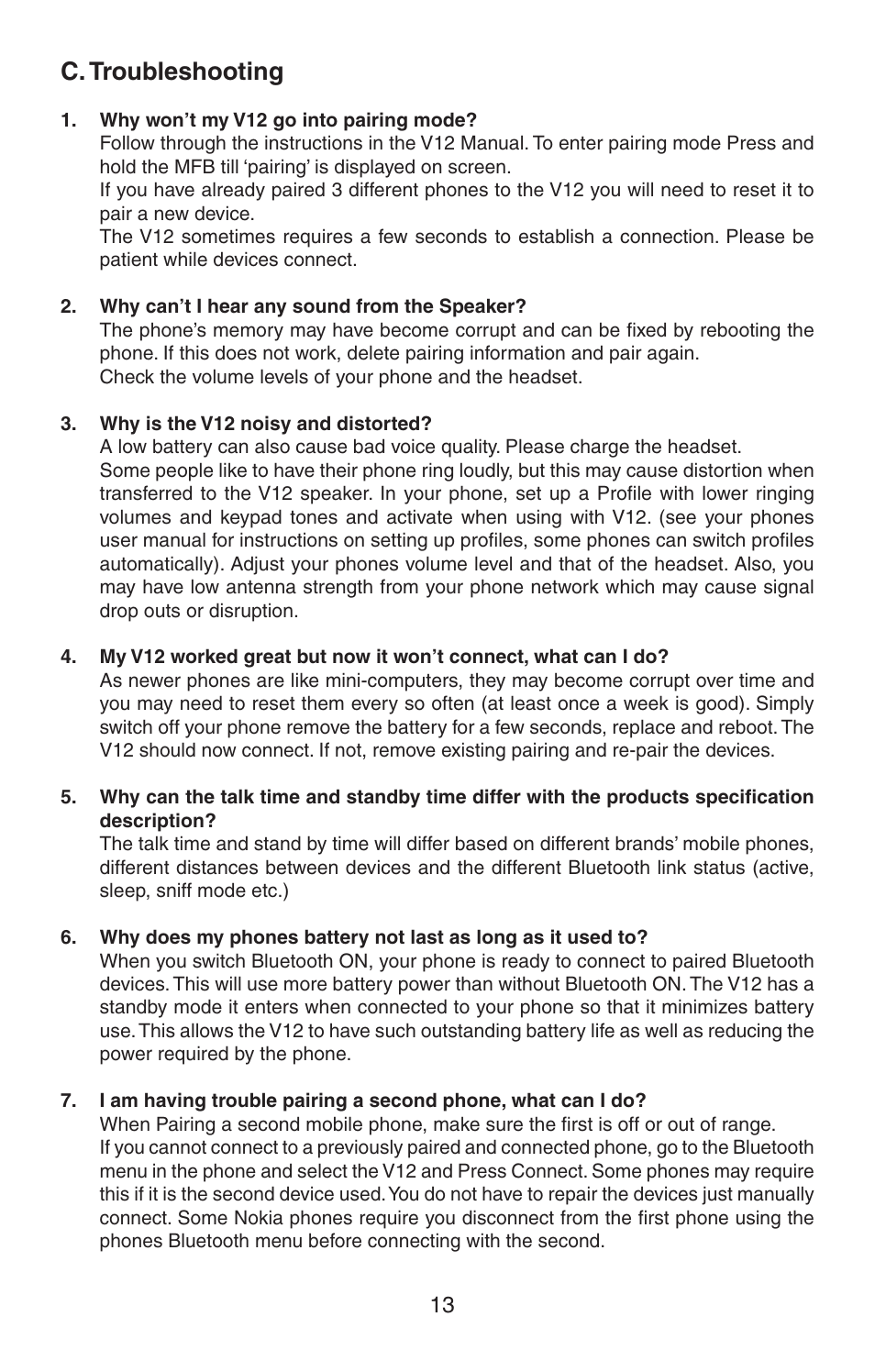 C. troubleshooting | BlueAnt V12 LCD Bluetooth Headset User Manual | Page 13 / 16