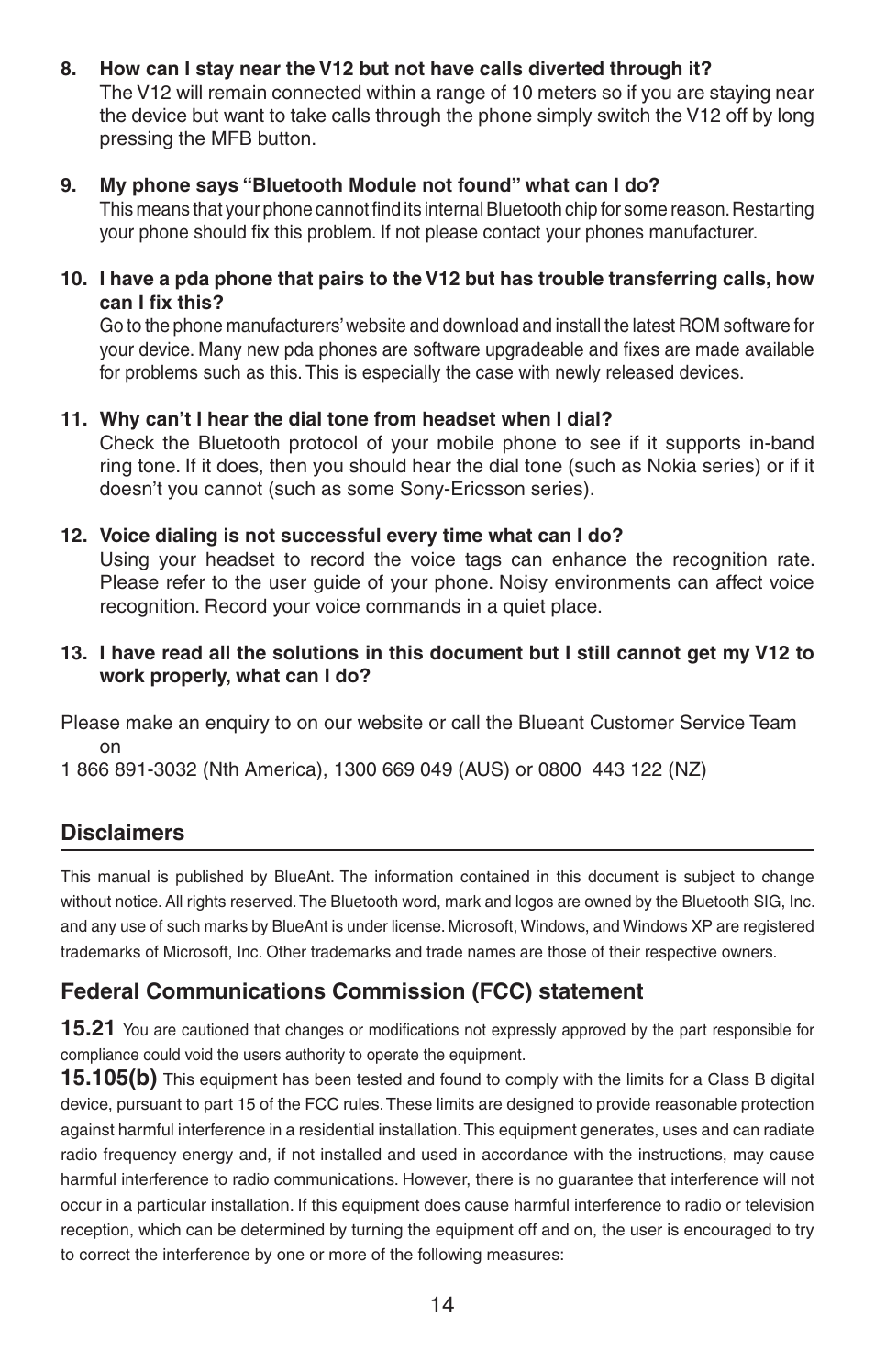 14 disclaimers, 105(b) | BlueAnt V12 LCD Bluetooth Headset User Manual | Page 14 / 16